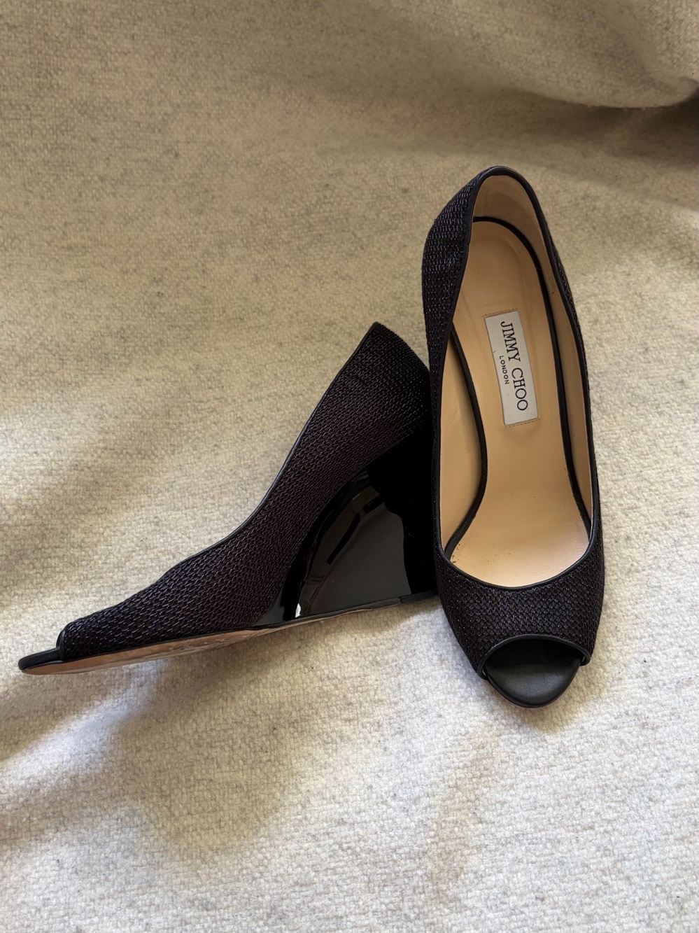 Jimmy Choo Black Open-Toe Wedge Pumps